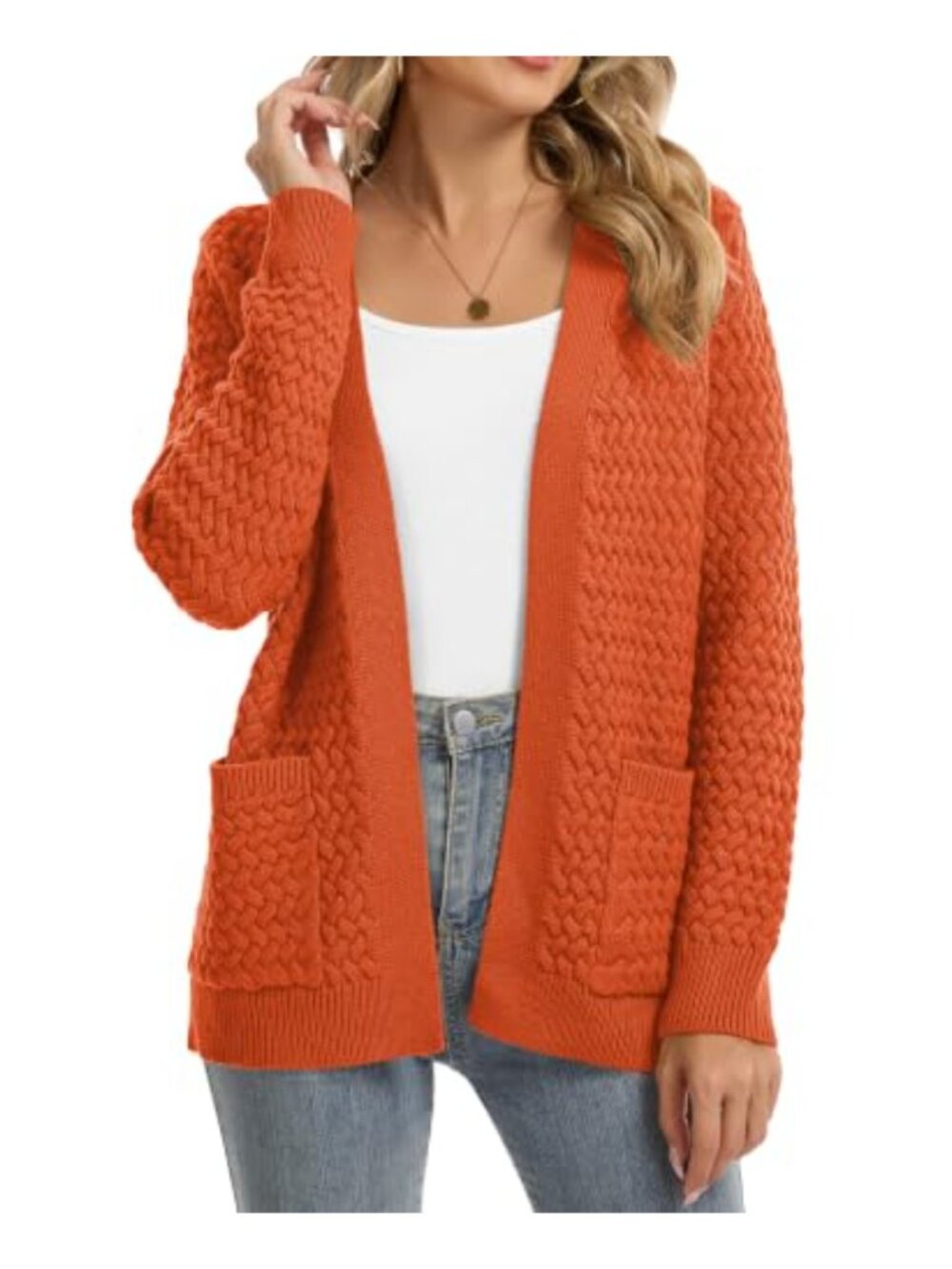 Cable Knit Open Front Cardigan Sweater Coat with Pockets